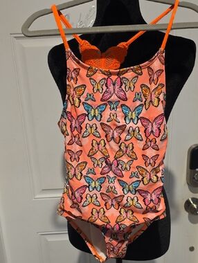 Girls wonder nation Neon Orange Butterfly Print Girls One-Piece